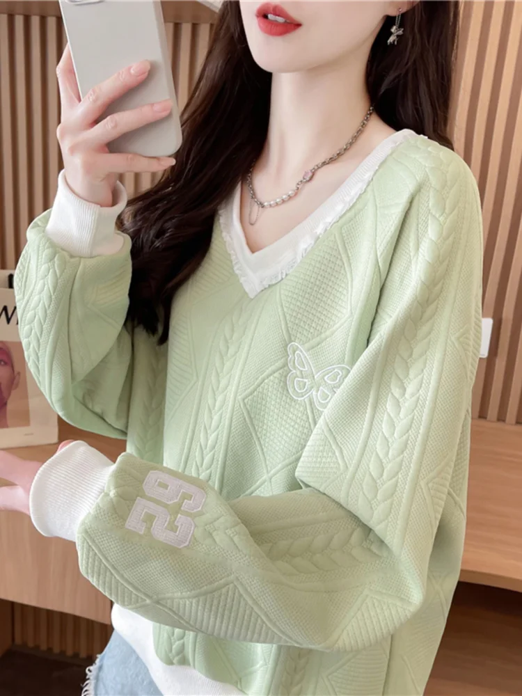 Primavera Autunno Dolce Top morbido Ragazze Alla moda Allentato scollo a V in pizzo con volant Bordo in rilievo Farfalla Digitale Fresco Pullover casual