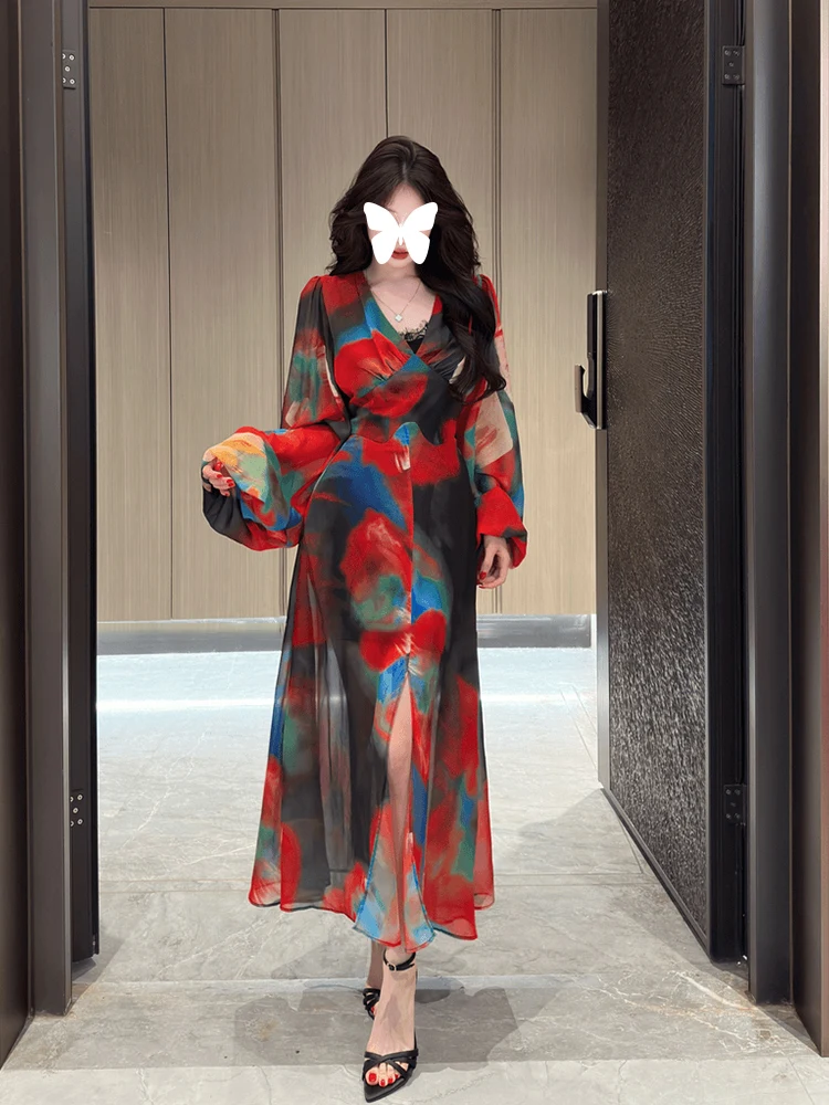 

Женское летнее платье макси XZY с цветочным принтом, V-образным вырезом, длинное, больших размеров, А-силуэт, в корейском стиле, повседневное, для работы