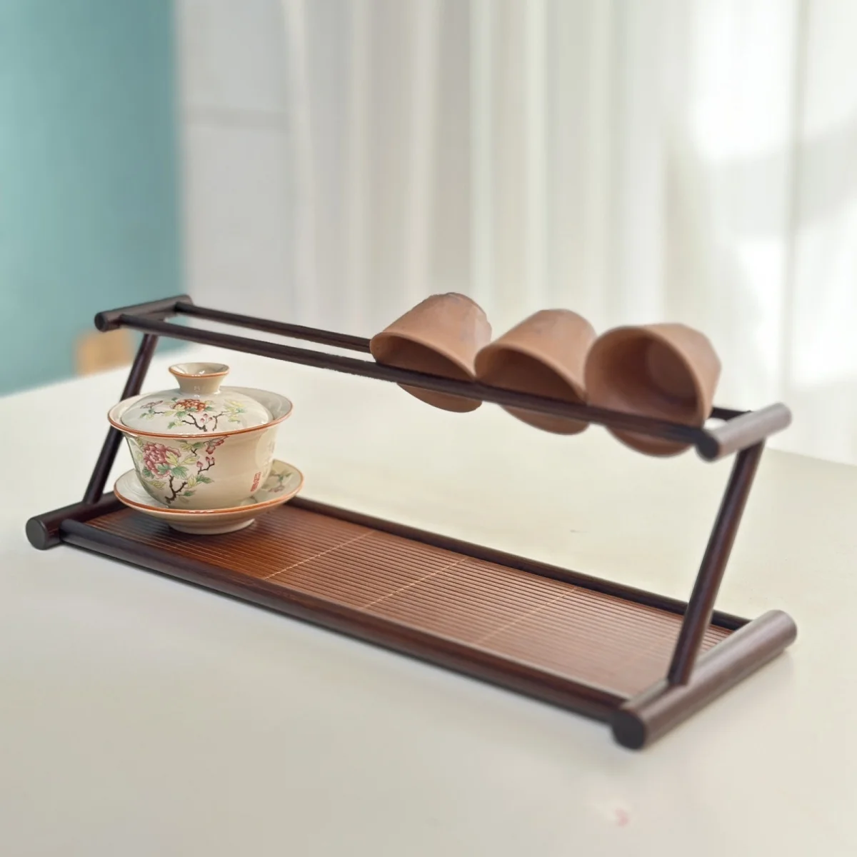

38x13x18cm Handmade bamboo double layered tea cup holder storage rack tea ceremony
