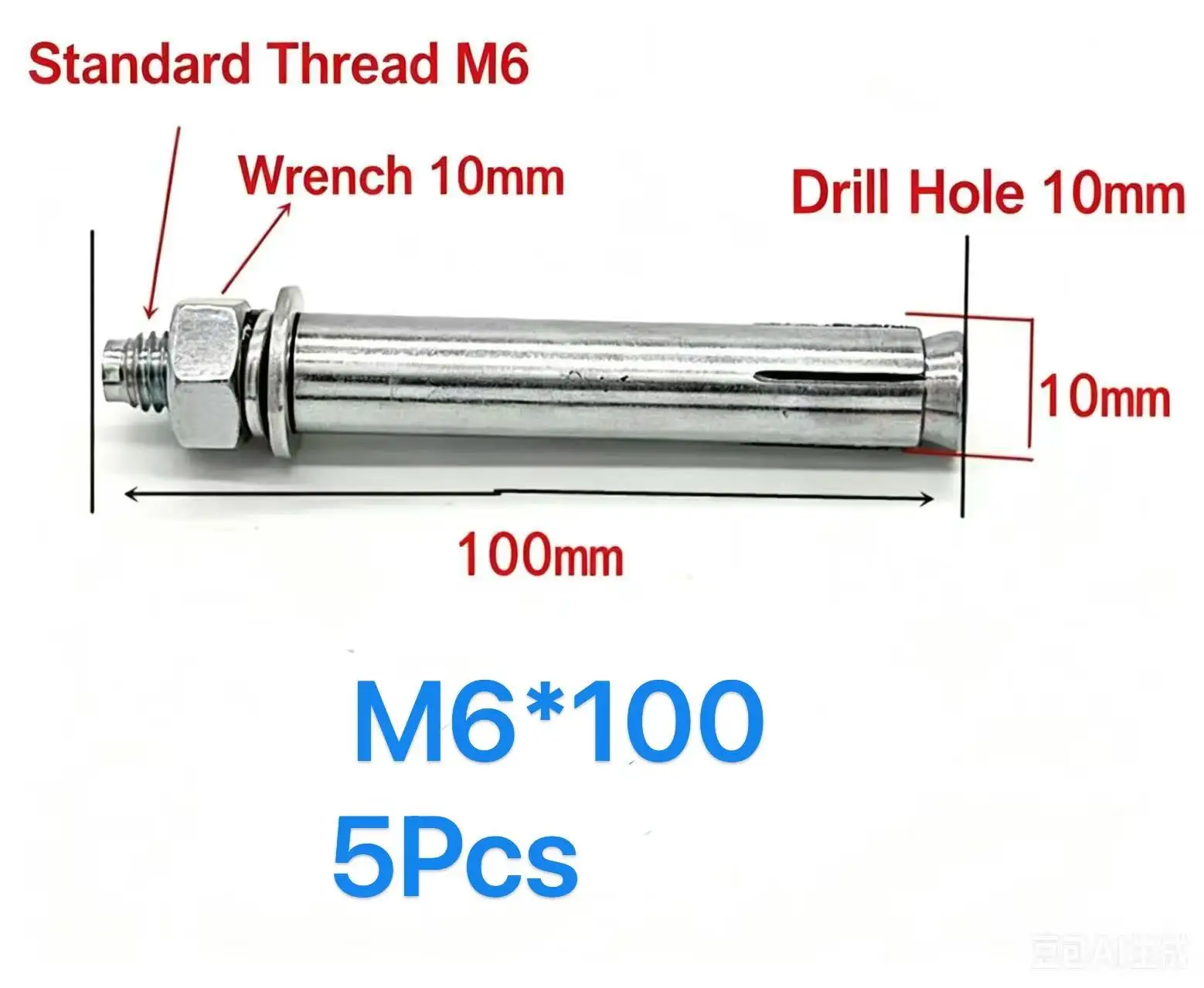 M6*100 Hex Expansion Anchor Bolt 5Pcs for Concrete Brick Wall Mounting Fixing
