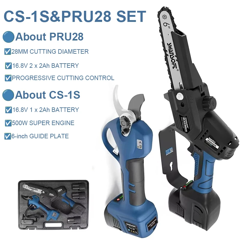 SWANSOFT 6-Zoll-Kettensäge und 28-mm-Elektro-Astschere Kombi-Set für Garten-, Obstgarten-, Weinberg- und Farmarbeiten, Schneidwerkzeug-Set mit 16,8V 3×2,0Ah Batterien PRU28&CS-1S