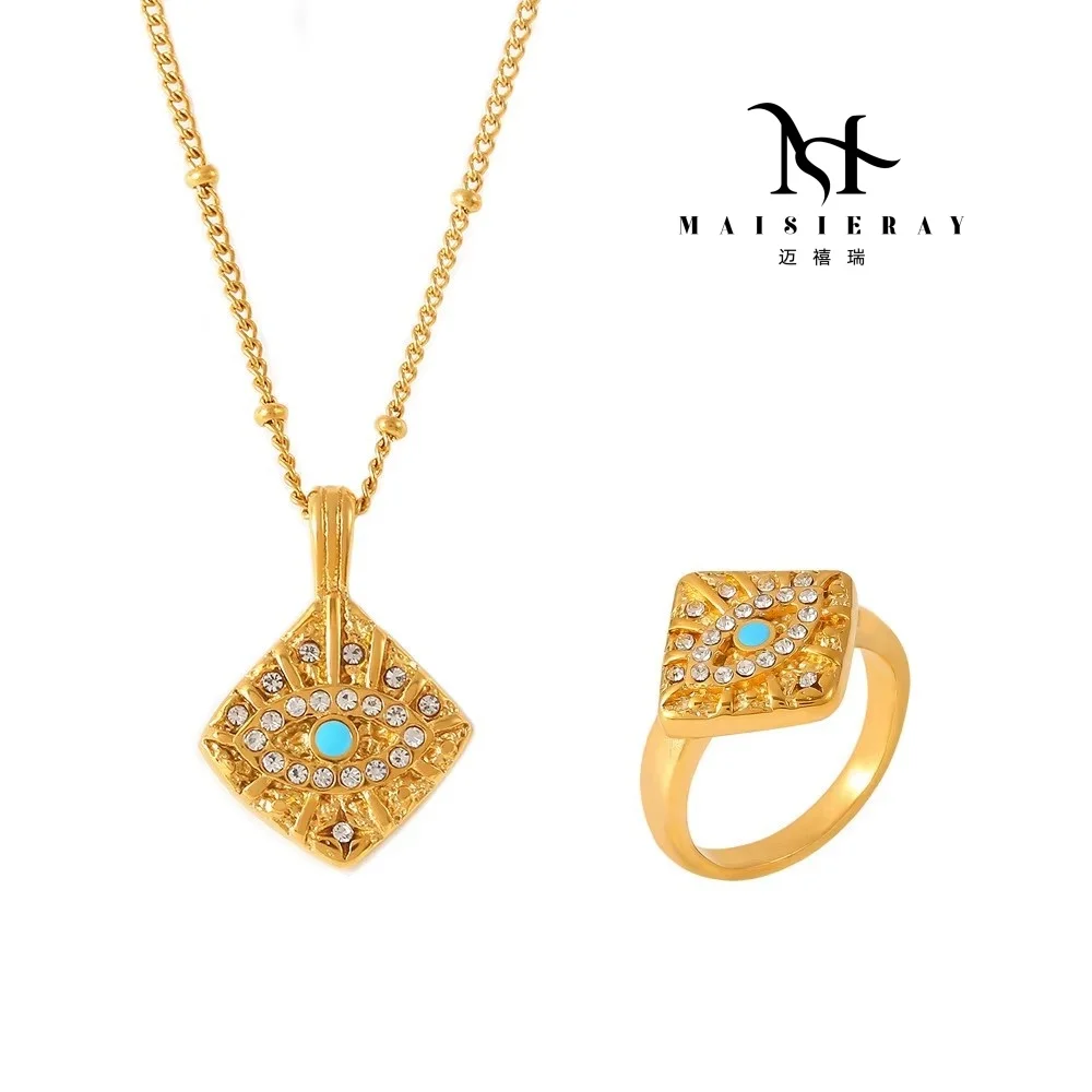 

Maisieray Jewelry Set For Women Magic Eye Stylish 18k Gold Plated Stainless Steel With Square Pendant Fashionable Necklace Ring