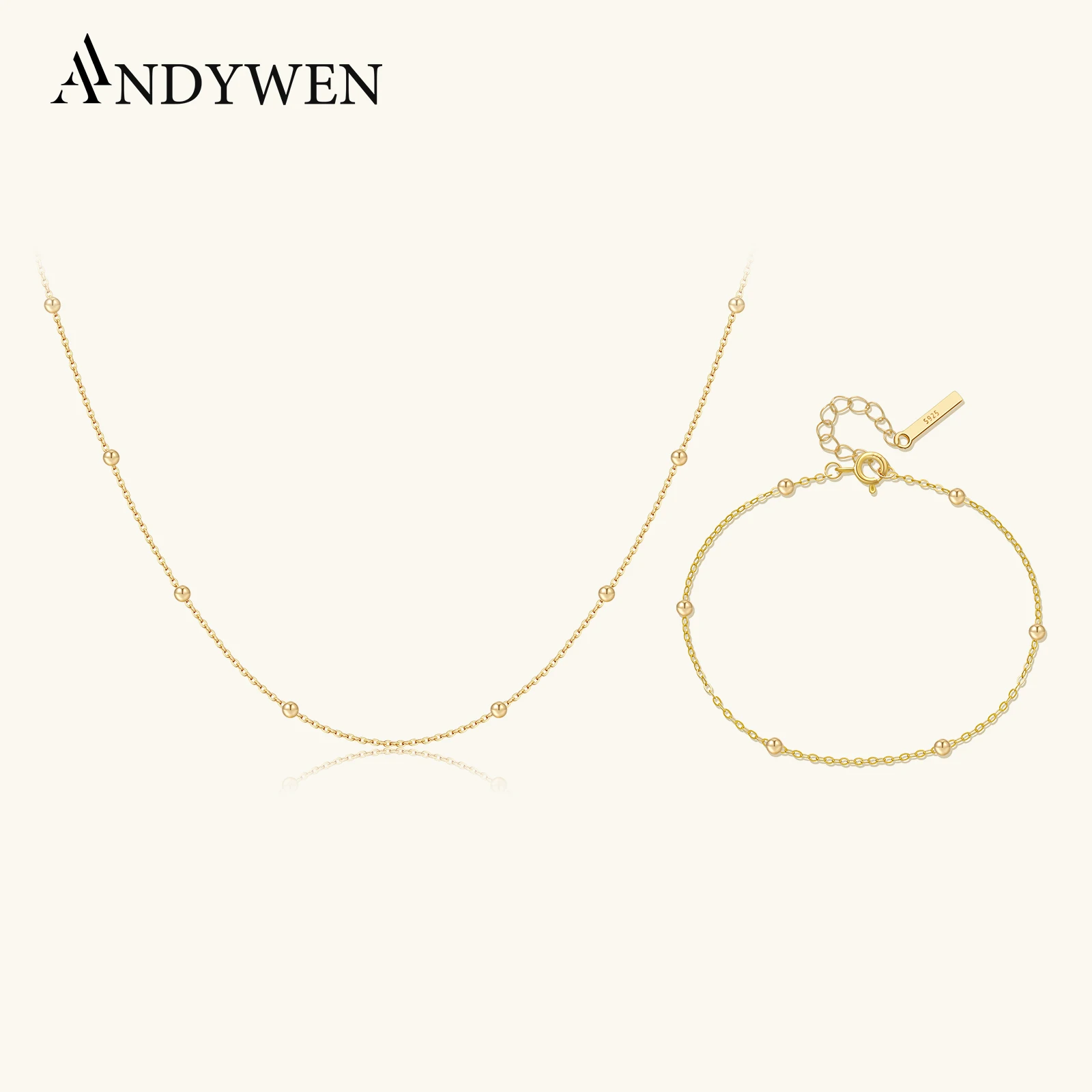 

ANDYWEN комплект ювелирных изделий из стерлингового серебра 925 пробы с цепочкой из бисера, штабелируемое ожерелье и браслет, минималистичная роскошь, элегантный подарок для женщин
