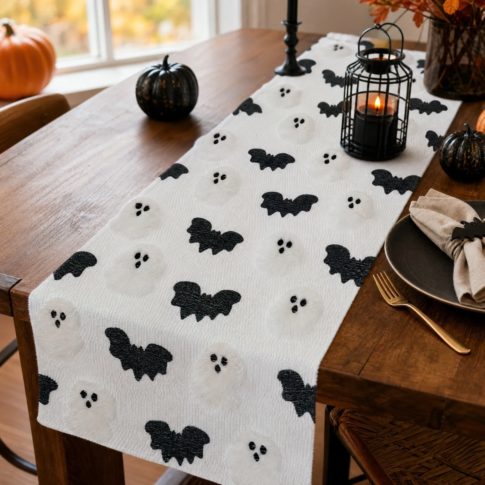 Halloween Table Runner Bat Ghost Printed Placemat Set Table Decor Spooky Tablecloth For Dining Table Halloween Party Supplies