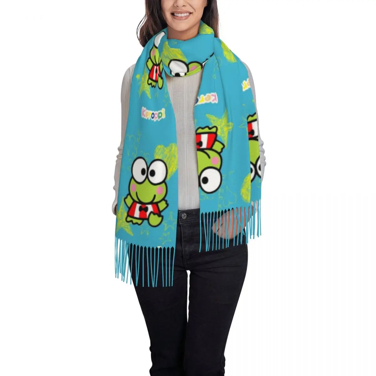 Custom Keroppi Tassel Scarf Women Winter Warm Shawl Wrap Lady Scarves