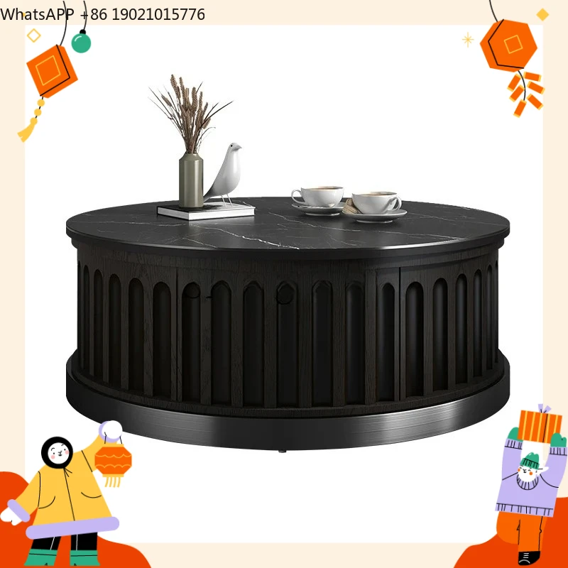

LXY new Chinese round coffee table light luxury modern living room home solid wood black rock slab villa tea table