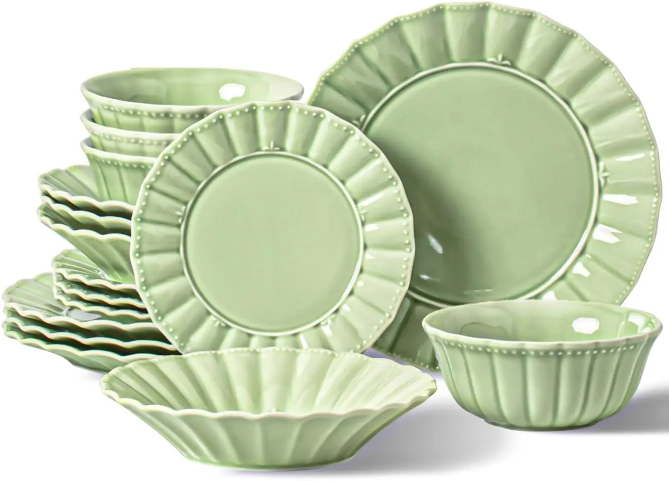 

16-Piece Ceramic Dinnerware Set for 4, Modern Mint Green Plates and Bowls, Microwave Safe