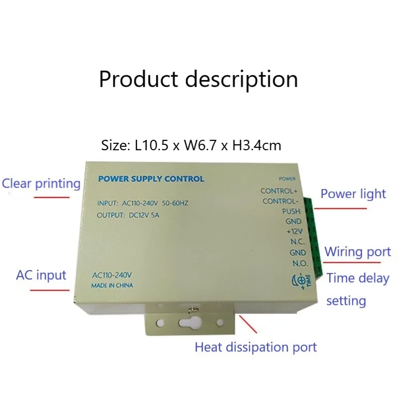 Control de fuente de alimentación CC 12V, 5A, 36W, amplio voltaje CA 110 ~ 240V, 50-60HZ, fuente eléctrica de retardo de tiempo, uso del sistema de seguridad de la puerta