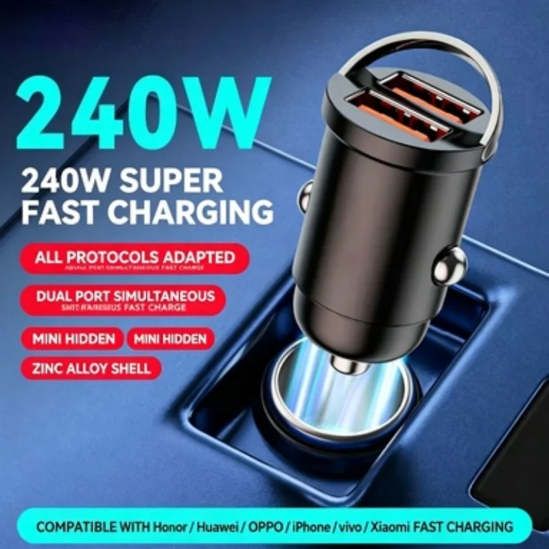 240W Ultra Fast Dual USB Car Charger Mini Hidden All Protocol Zinc Alloy Car Charging Adapter For iOS Android Smartphones