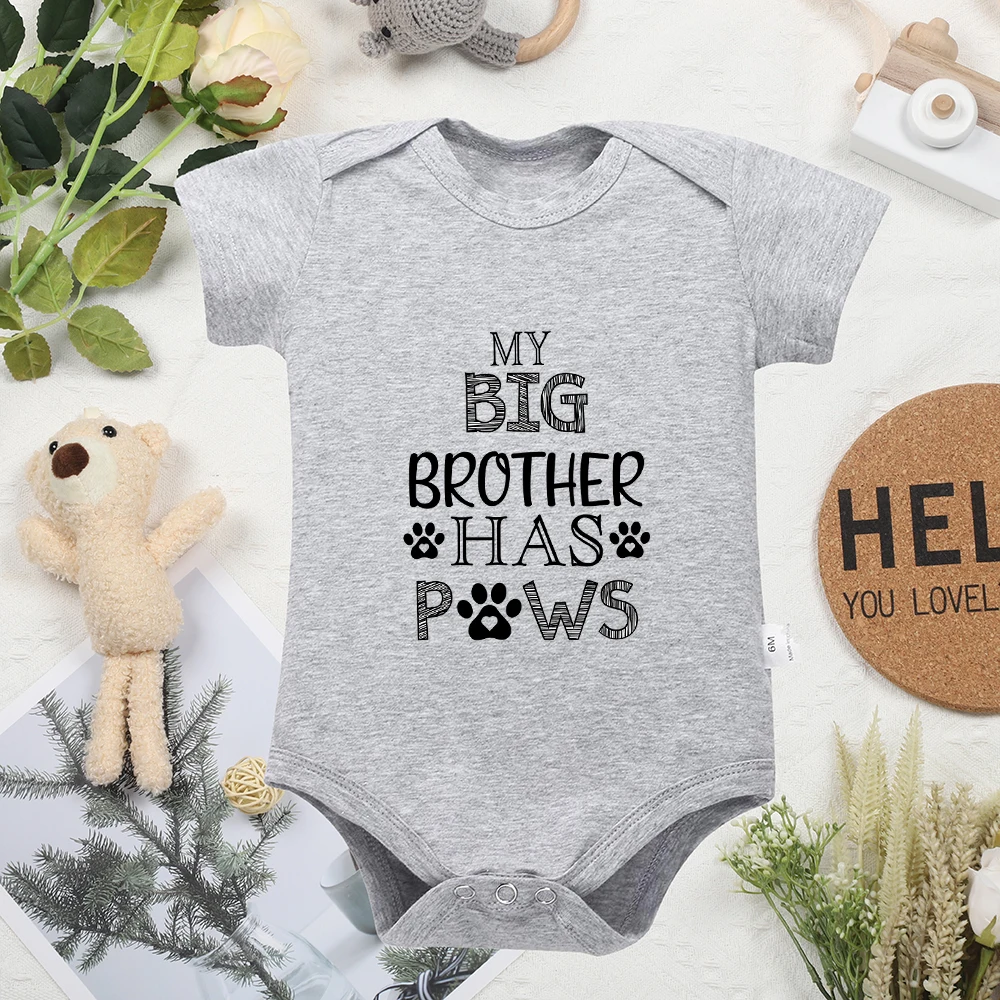 My Big Brother Has Paws Baby Boy Girl Romper Kawaii Harajuku Fashion Newborn Bodysuit Pajamas Summer Cotton Toddler Clothes