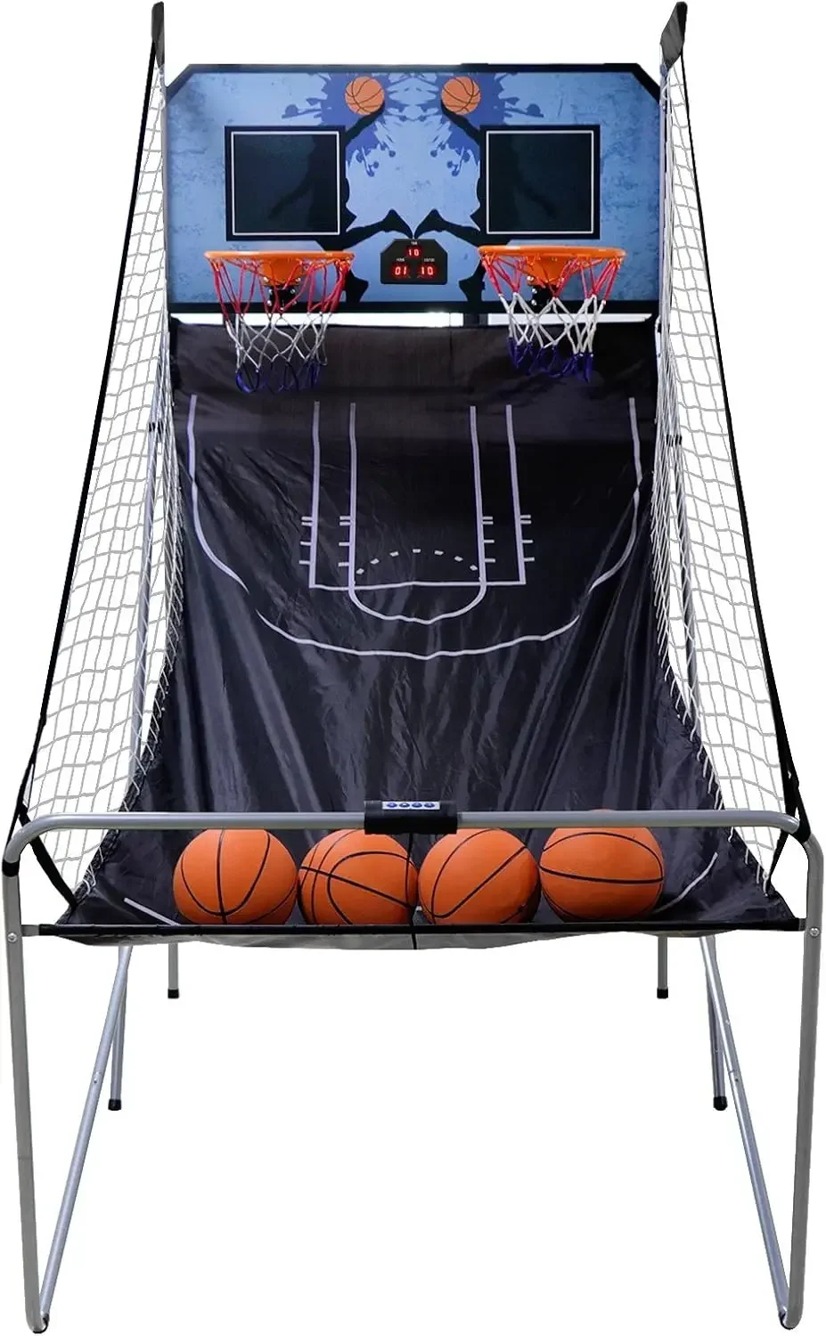 Juego de arcade de baloncesto para interiores, doble disparo, 2 jugadores con 4 bolas, marcador electrónico y bomba de inflado