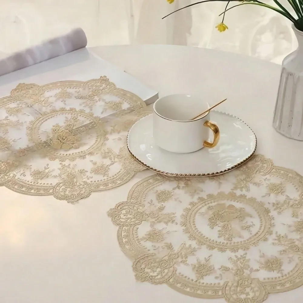 Elegante Bestickte Spitzen-Tischmatte Runde Blumen-Stickerei Spitzen-Tischdecke Serviette Tischset Vase Tischlampenunterlage für Kaffeetassen – Detail 5