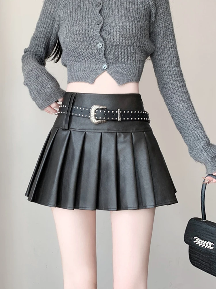 Damska spódniczka mini ze skóry PU w stylu retro Y2K z plisami, nowość na jesień i zimę 2025, fason A-line + pasek