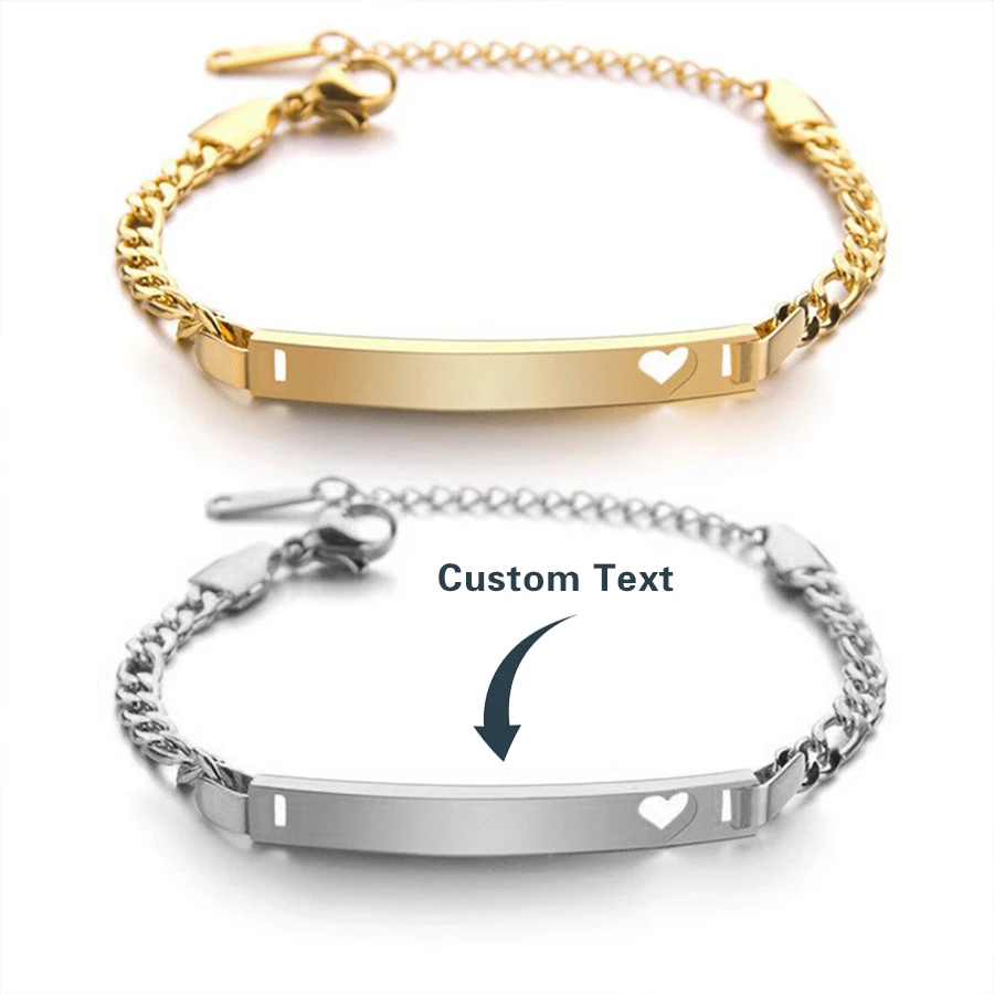 

Personalized Engrave ID Heart Bracelet Custom Stainless Steel Nameplate Date Figaro Custom Name Bangles For Women Jewelry Gift