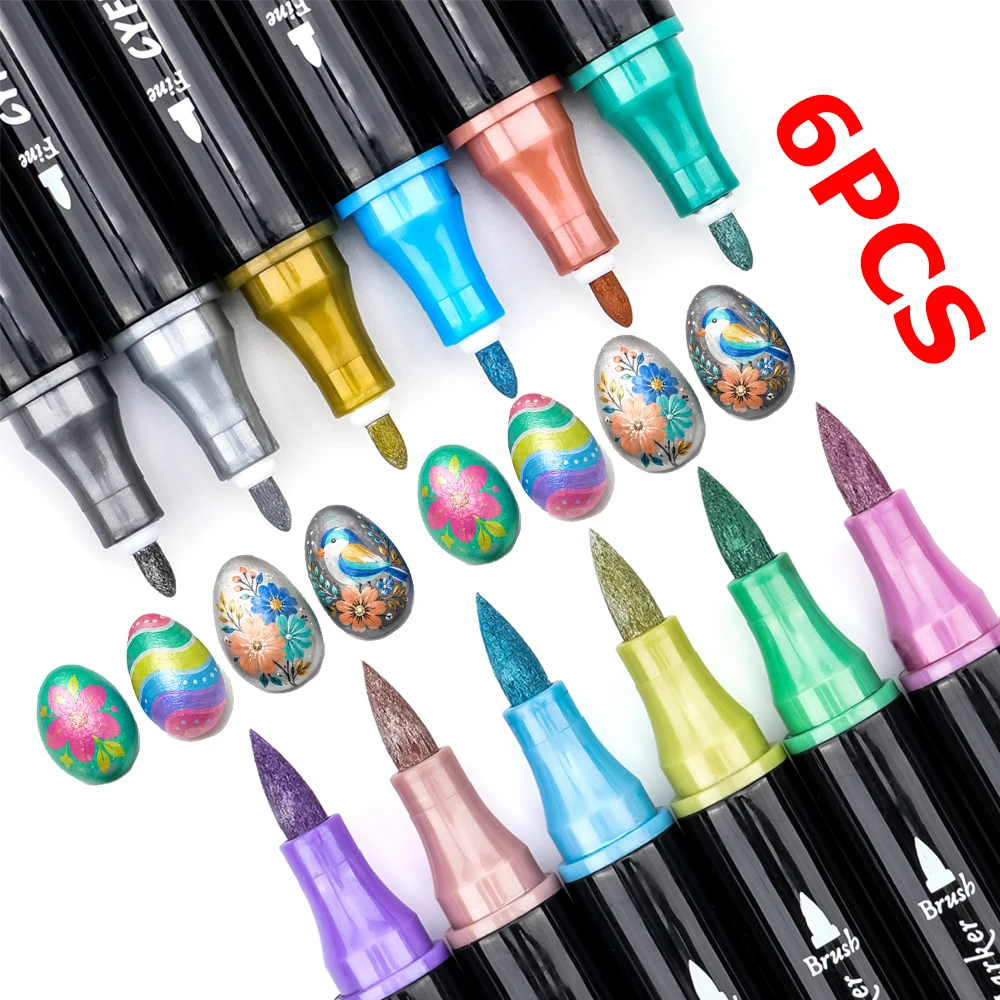 6pcs Dual-Tip Metallic Acrylic Markers 2-in-1 Fine&Brush Tip Paint Pens for Black Paper Rock Painting Ceramic Wood Glass Crafts