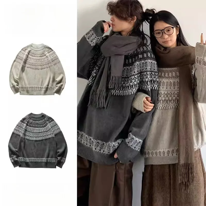 

Ретро-свитер в стиле Fair Isle для пар, женская теплая вязаная кофта с длинным рукавом и круглым вырезом из полиэфирного волокна