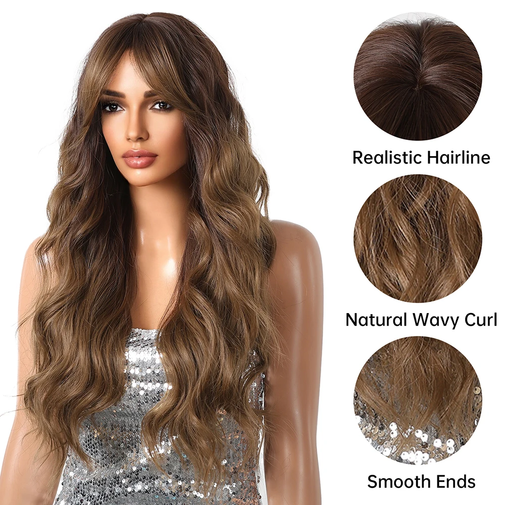 Women Long Loose Wavy Synthetic Wig Middle Part Heat Resistant Fiber Natural Hairline Full Head Wig For Daily Wear Party Cosplay