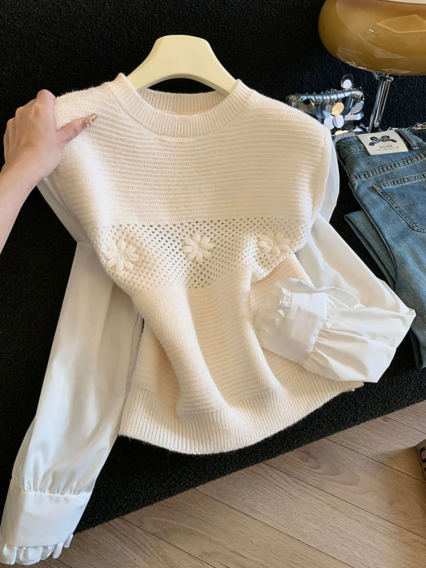 

Emily Clud Recommended 3D Flower Hollow irt Sve Splicing Knitted Sweater Women's Autumn Winter Loose Fit round Ne Long...