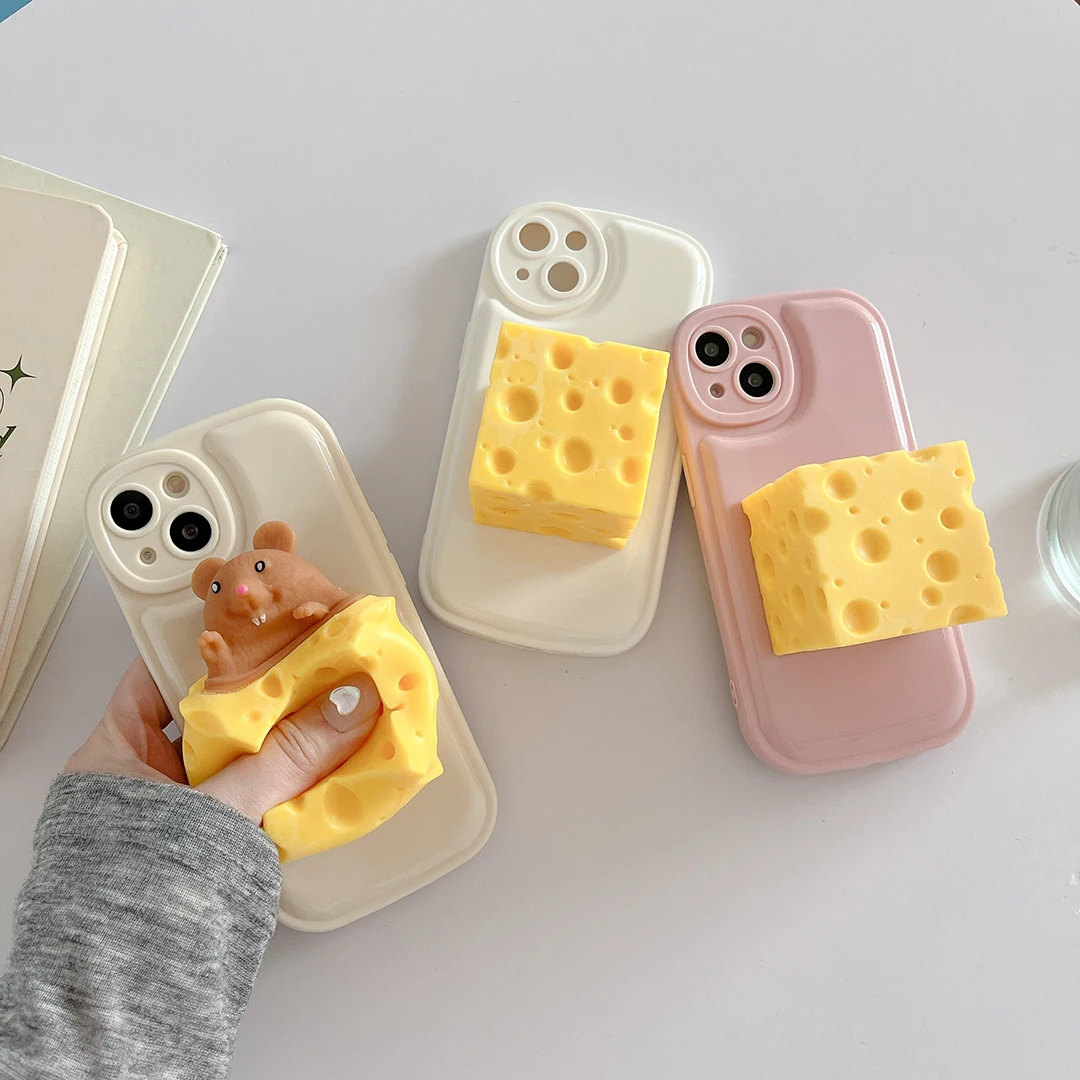 Squishy 3D Toys Mouse Cheese Phone Case for iPhone 13 12 11 14 Pro Max XS XR X SE 2022 7 8 Plus Reliver Stress Shockproof Cover