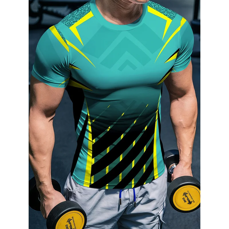 Men's High Stretch Quick Dry Compression Shirt Teal Black Gradient With Fluorescent Yellow Diagonal Stripe Muscle Defining Tight