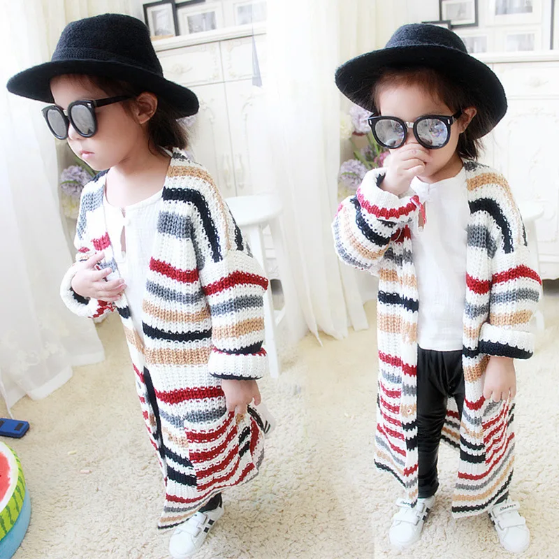 

2025 New Toddler Girls Long Sweater Cardigans Baby Girl Cardigan Outerwear Fashion Children's Striped Sweater Kids Knitwear Coat