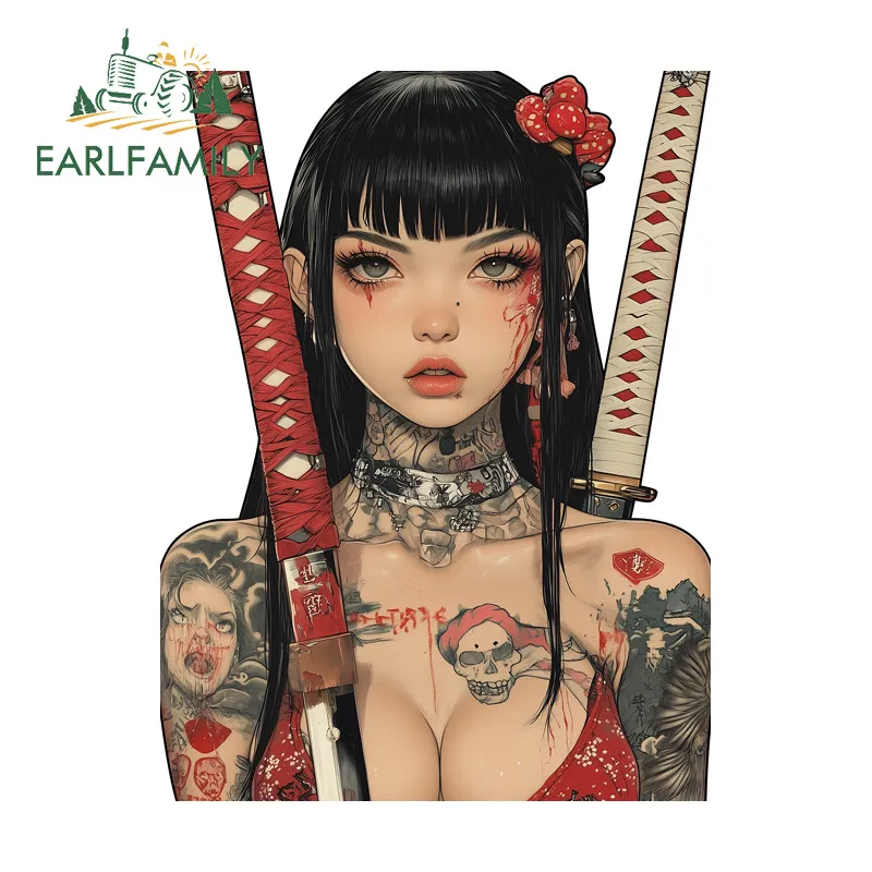

EARLFAMILY Tattoo Samurai Girl Car Stickers Rear Windshield Motorcycle Skateboard Personality Decal Scratch-Proof Car Styling