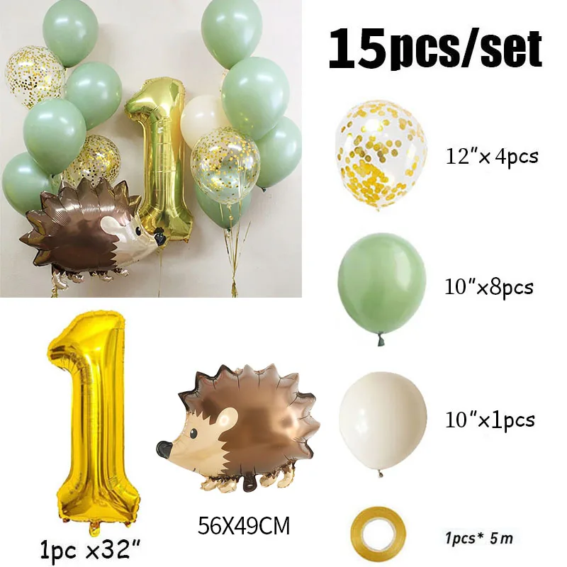 15pcs Gold Number Hedgehog Foil Balloons 1st Birthday Party Decorations Kids Girl Boy First One Year Old Animal Globos Supplies