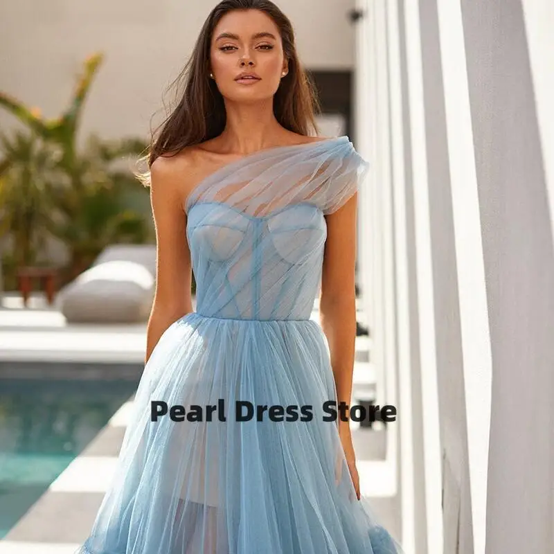 Evening Dress Light Blue One Shoulder Cocktail Party Tulle Dress A-line Prom Dress Women's Party Dress 2023