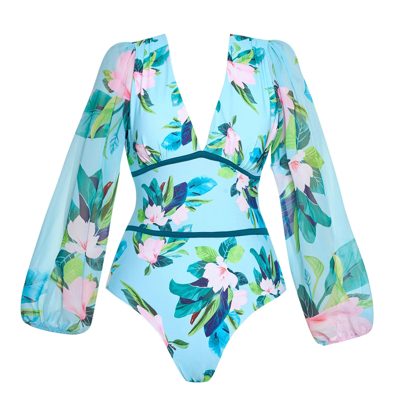 Traje de baño Sexy con estampado floral y cubierta para mujer, traje de baño, Bikini Push Up, traje de baño con mangas abullonadas, ropa de playa