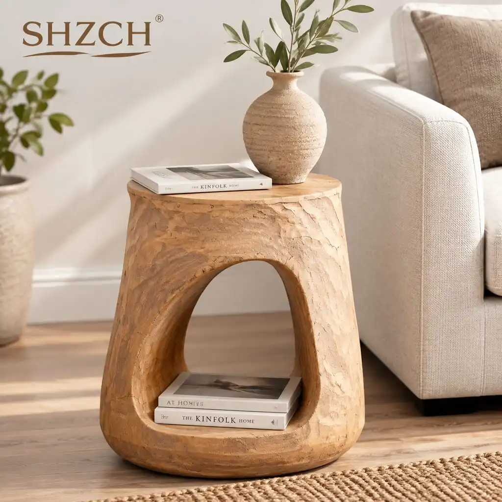 MOMO Wabi-Sabi Style Living Room Imitation Wood Side Table Art Corner Table Magnesium Oxide Material Bedside Table Cat Hole