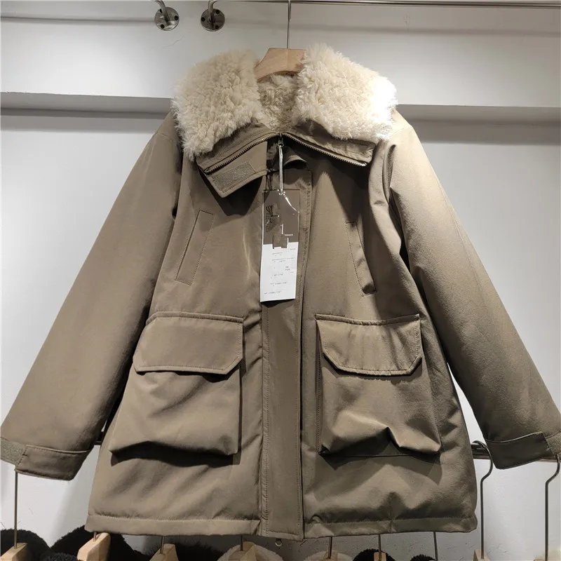 2025 Winter Women's Retro Army Green Plush Patchwork Big Lapel Parka Loose Casual Thickened Warm Winter Coat Jackets for Women
