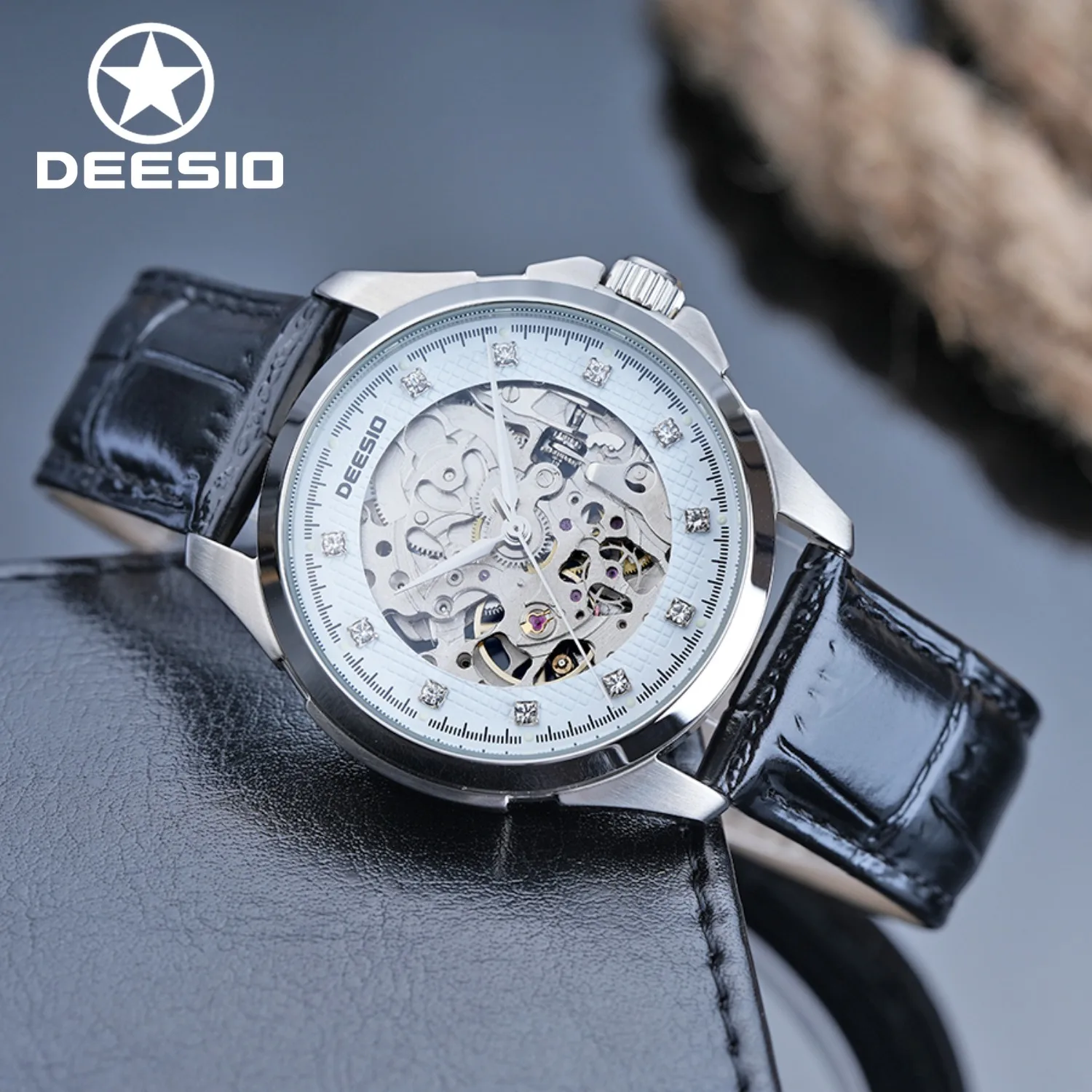 Deesio Men's Luxury Automatic Mechanical Watch Leather Strap Sapphire Crystal Hollow Dial 38mm 36H Power Reserve 50m Waterproof