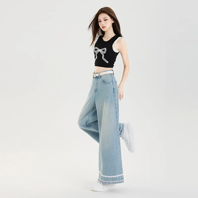 Hoge taille rechte jeans dames enkellange jeans kant gesplitste zakken rits losse pasvorm 2025, casual wijde pijpen broek