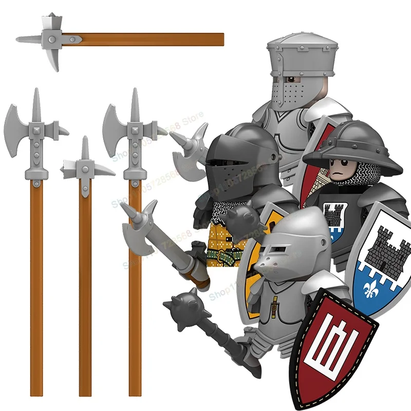 Three Tower Knights Medieval Dolls Building Blocks Action Figure Axe Hammer Accessories Originality Toys for Kids Gifts N335 336