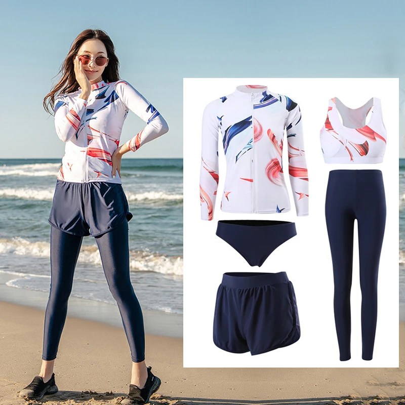 

Women's Rash Guard Set 3-5 Piece Quick Dry Swim Trunks Leggings Long Sleeve Zip Up Shirt Bra Yoga Jogger Swim Suits Tracksuits
