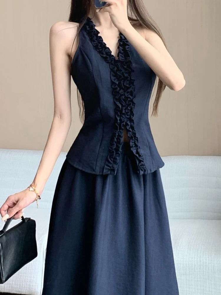 

High end temperament half skirt set for women's summer fashion V-neck vest+high waisted umbrella skirt two-piece set