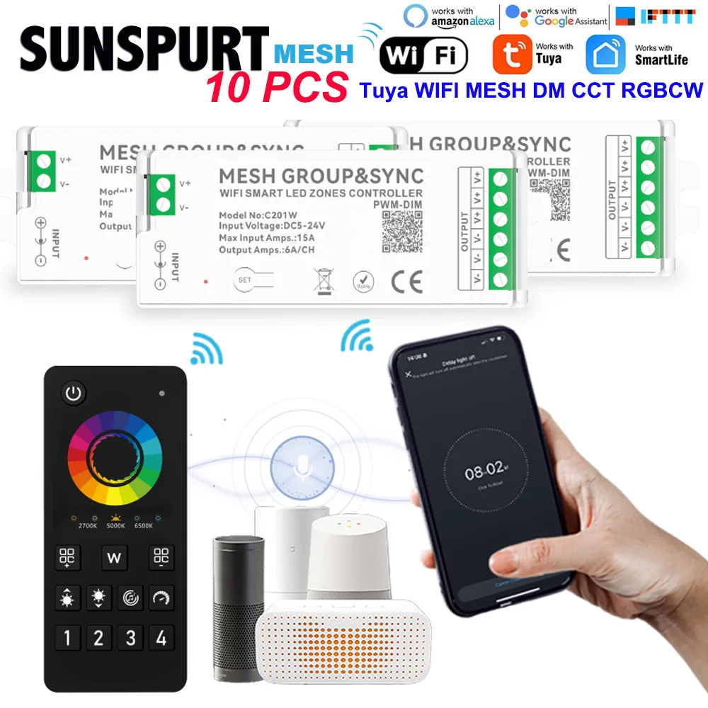 

1-10 светодиодный контроллер Tuya WiFi Voice MESH 5in1 Smart Dimmer Control DC5-24V 2.4G RGB RGBCCT RGBW CCT одноцветная светодиодная лента