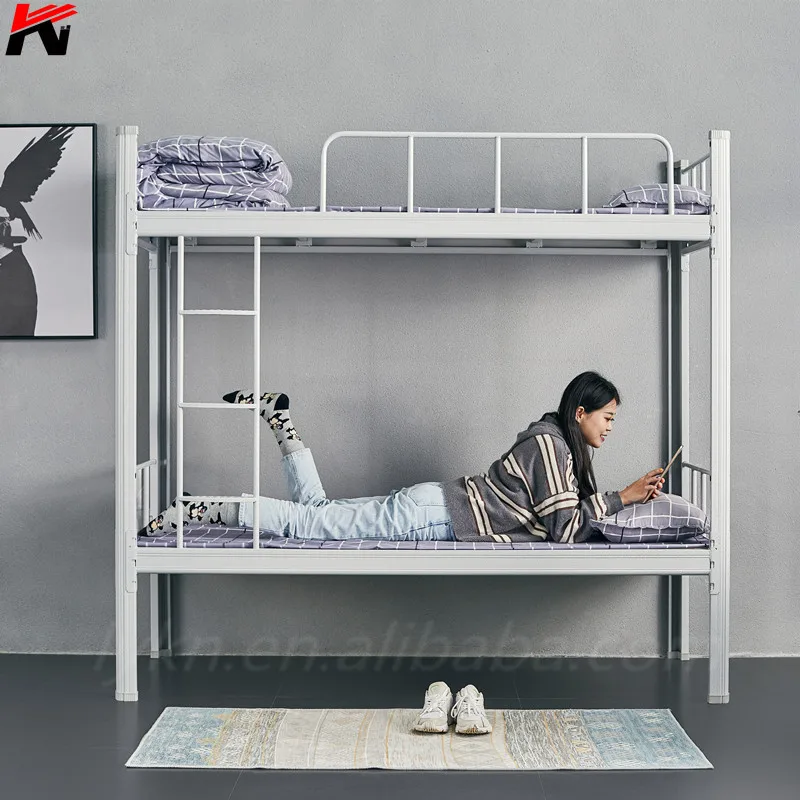 Dormitory Furniture Metal Double Bunk Bed With Stair And Storage Cabinet