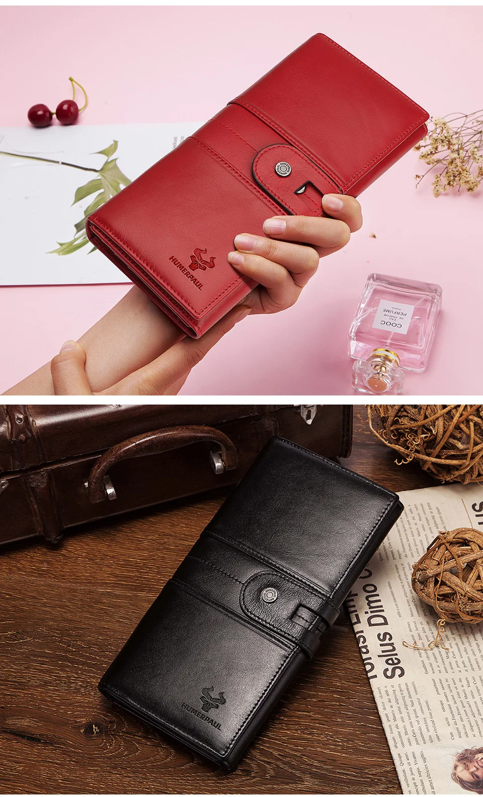 KAVIS Damen-Geldbörsen, echtes Leder, mehrere Kartenfächer, Geldbeutel, dreifach faltbare Geldbörse mit Handytasche, modische Clutch, Rfid-Carteras – Detail 2