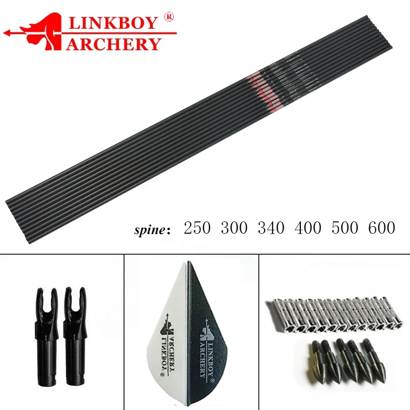 

Linkboy-Pure Carbon Archery Arrows, Shaft Spine 250-800, ID6.2mm, Compound Bow Hunting, 12Pcs