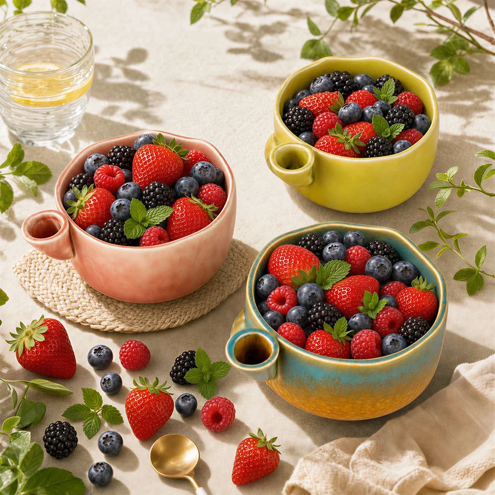 Vintage Ceramic Bowl Irregular Shape Drainable Fruit Food Container Living Room Household Porcelain Bowls Kitchen Supplies