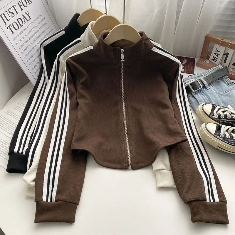 

Спортивная тонкая короткая толстовка на молнии, однотонная женская весенняя шляпа с воротником-стойкой, новый топ