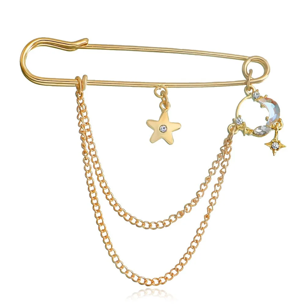 Vintage Metal Star Brooch Five Pointed Star Tassel Chain Lapel Pin Tassel Brooch Cloth Accessories