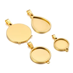 5Pcs Stainless Steel 18*25mm Drop Cabochon Cameo Base Setting Charms Round 15mm Connectors Pendant Necklace Jewelry Findings