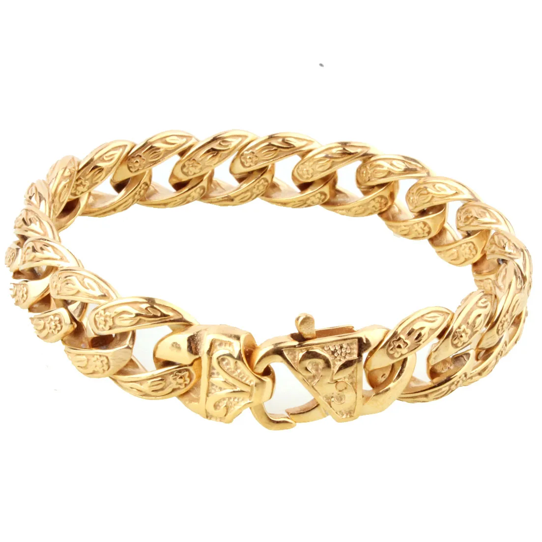 New Fashion Mens Bangle 15mm Solid Gold color  Stainless Steel Cast Flower Cuban Link Chain Bracelet 9\