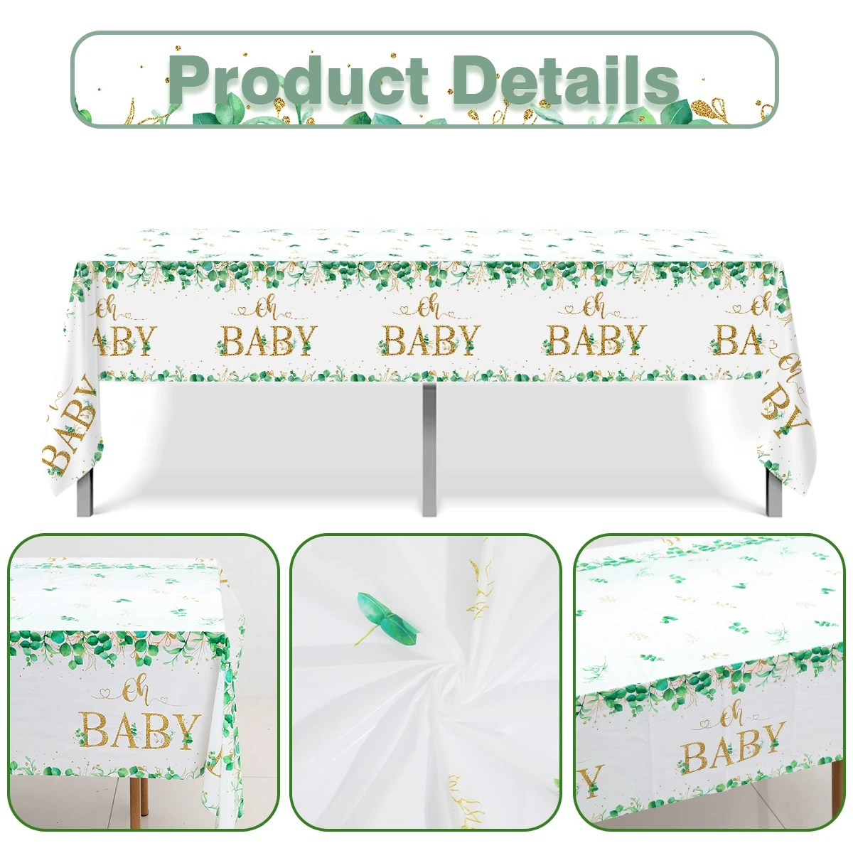 220x130cm Sage Green Tablecloth Oh Baby Disposable Plastic Rectangle Eucalyptus Leaf Table Cover Baby Shower Party Decorations