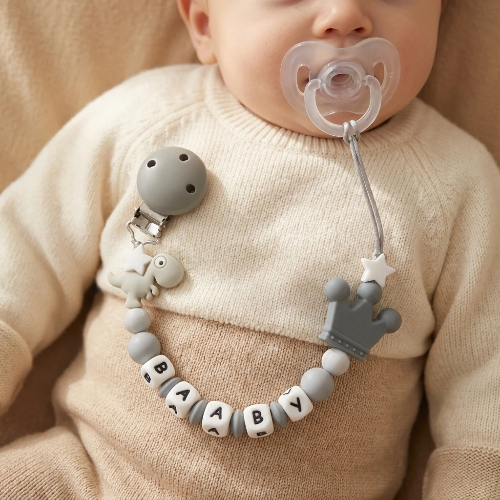Custom Name Dinosaur Crown Pacifier Clip Food Grade Silicone Baby Teether Dummy Chain BPA Free Personalized Shower Gift