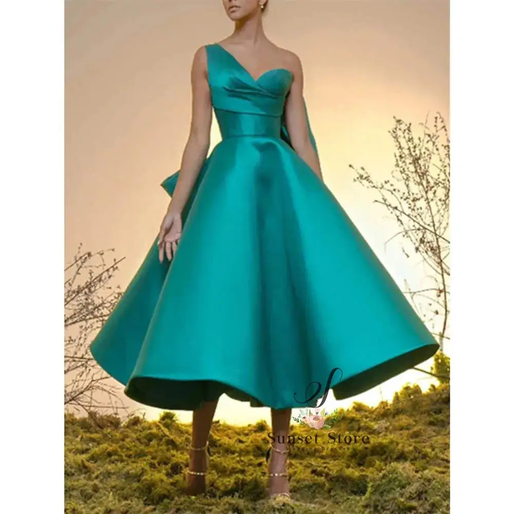 Customized   Green Women Evening Dresses Sleeveless One Shoulder Bow A-Line Special Occasion Tea-Length Gowns Luxury Prom Dress