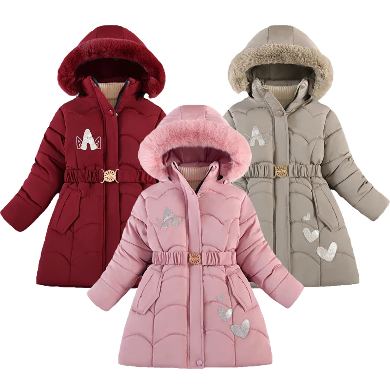 -15℃ Teen Girls Jacket 2024 Winter Long Love Pattern Lining Plus Velvet Thick Warm Hooded Windbreak For 5-10Y Kids Cotton Coats