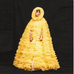A Line Layered Corrugated Tulle Ball Gown Glow Yellow Pleated Party Dress With Hat Coat Gala Dress Celebrity Dresses Garments